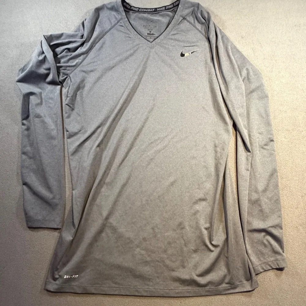 Nike Pro Combat Mens XL Gray Dri-FIT Fitted Long Sleeve V-Neck Training Shirt